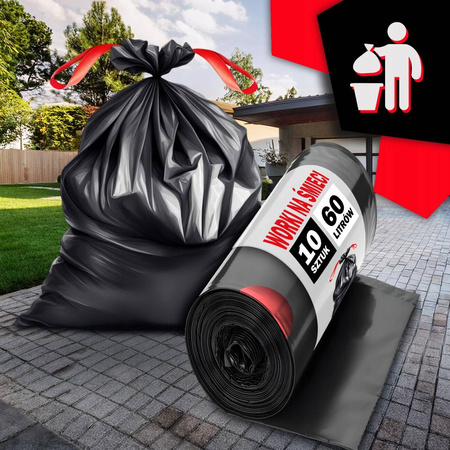 WORKI NA ŚMIECI MOCNE 60L 10 SZTUK POJEMNE CZARNE ZWIĄZYWANE 63X72 CM